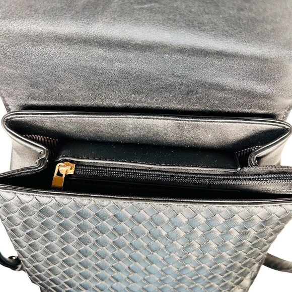 Black Woven Backpack Crossbody Handbag Vegan Leather